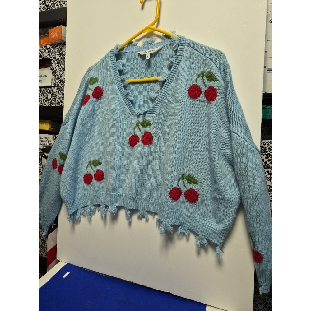 Self Esteem Size MEDIUM cherry Sweater Light Blue Fringe Crop Top Style V Neck